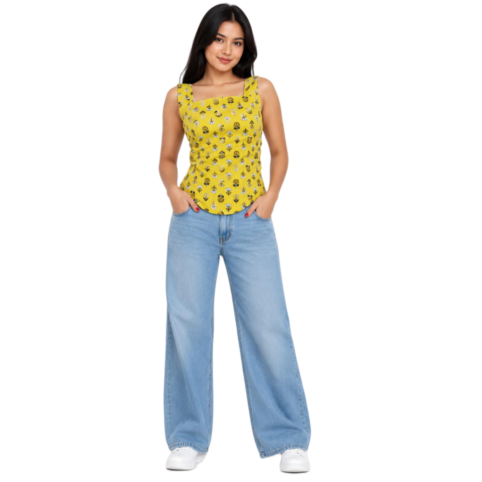 Women's Printed Top, Yellow Floral Print, Square Neck, Lace-Up Back, Sleeveless Cami Style-image-47