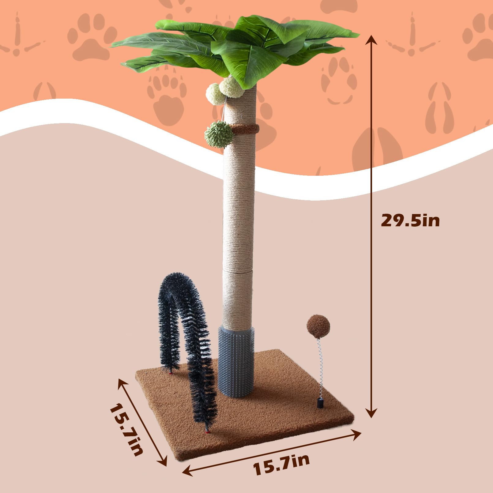 MUYG 29.5 Inches Tall Cat Scratching Post with Arch Self Groomer Hanging Spring Balls,Brown Palm Sisal Cat Tree Kitty Activity Center for Adults Cats Kitten Indoor Cats