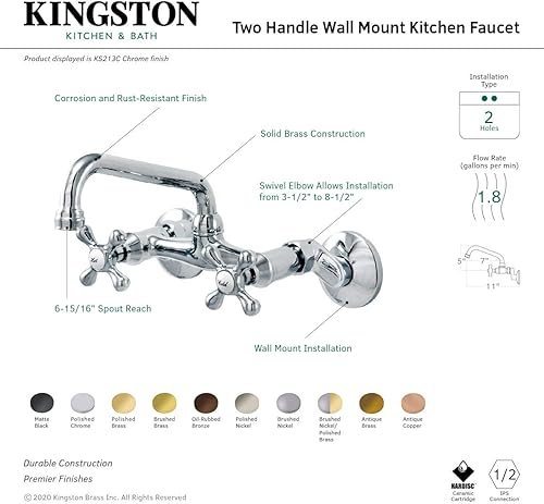 Miniatura 2 de Elements of Design ES2138X Accents - Grifo de cocina con 2 manijas para montaje en pared, 7 pulgadas, níquel satinado