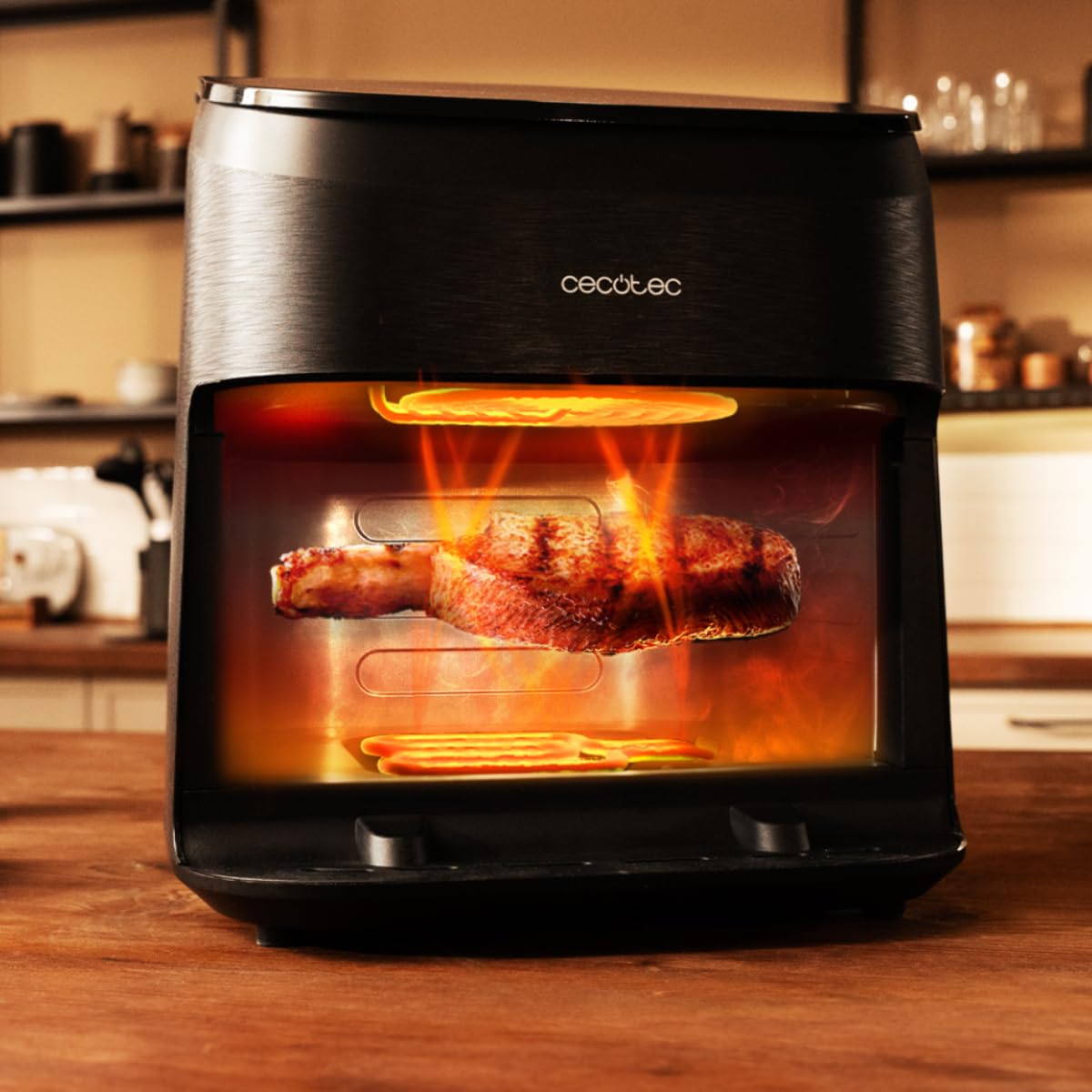 Freidora de aire | Cecotec Cecofry&Grill Smokin'Prime 6500, 2200W, 6.5l, Ahumador integrado, Diseño 3 en 1, Ventana, 10 menús, Grillin Style, Negro