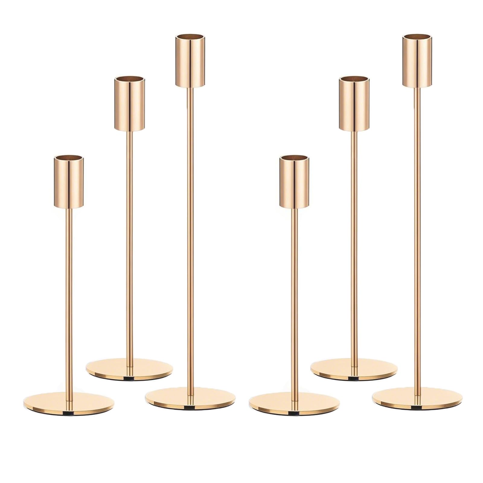 AUMAYCO Set of 6 Gold Taper Candle Holders, Metal Gold Candlestick Holders, Tall Candle Holder, Fits 3/4 inch Thick Candle&Led Candles, for Table