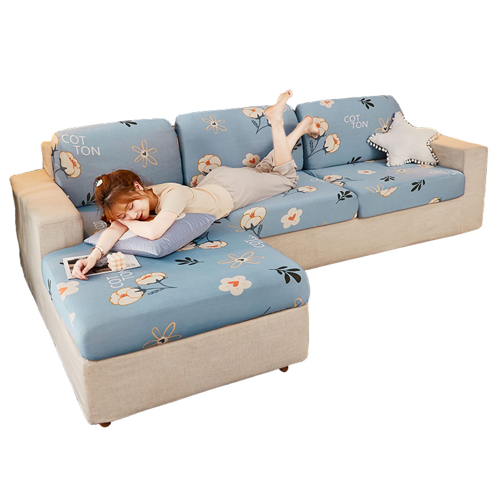 CEKTOYS1 2 3 4 Seater Printed Cushion Cover, for L-Shaped Sofa Chaise Longue Cushion Slipcover Sofa Cover for Individual Cushion Furniture Protector with Elastic Bottom-F-Backrest+