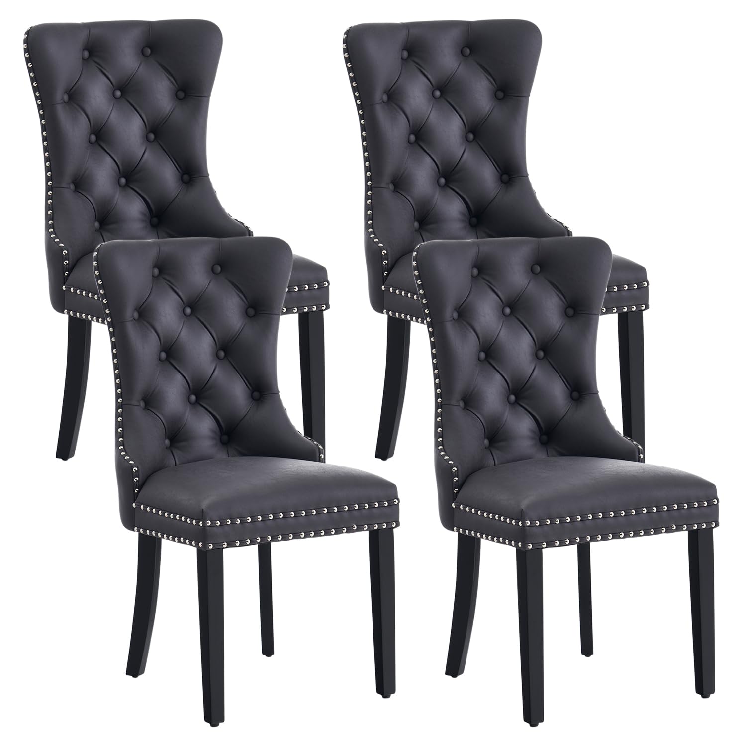 Eifizek Leather Dining Chair Set of 4, Dining Room Chairs with Nailhead Ring Pull Trim, Upholstered Dining Chairs with Solid Wood Legs for Kitchen