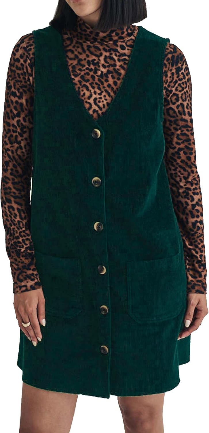 Women's Corduroy Overall Dress Button Down Sleeveless Fall Mini Pinafore Jumper Dress