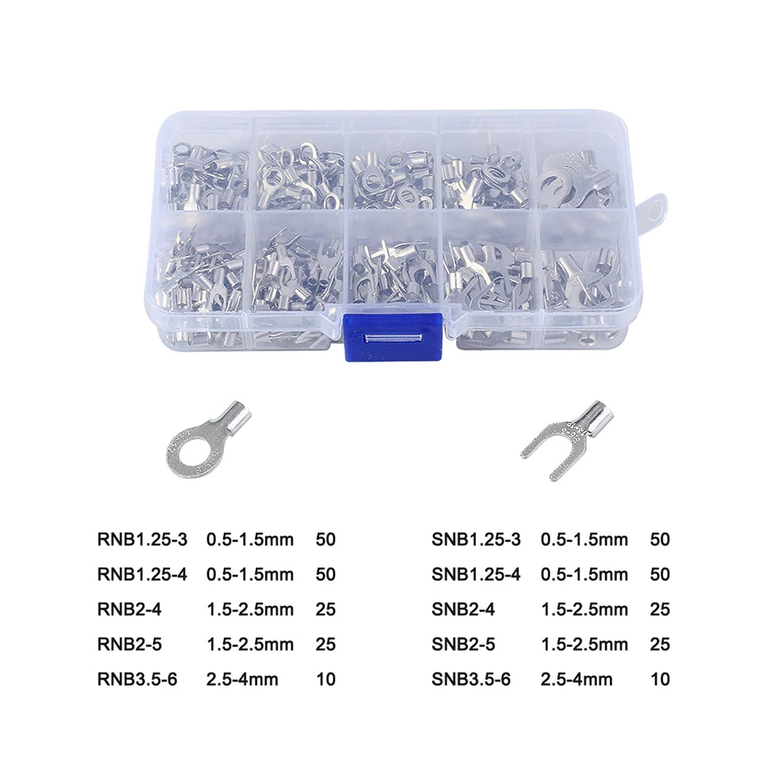 320pcs / Box Compatible With 10 in 1 Anschlüssen Nicht isolierte Ringgabel U-Typ Messingklemmen Sortiments Kit Kabeldrahtanschluss Crimp Spade