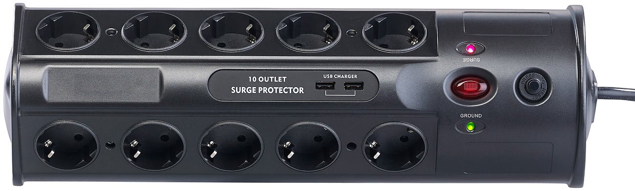 revolt Mehrfachsteckdosen: 10-fach-Steckdosenleiste mit Überspannungsschutz und USB-Ladefunktion (PC Steckdosenleiste, USB Steckerleiste, iPad)