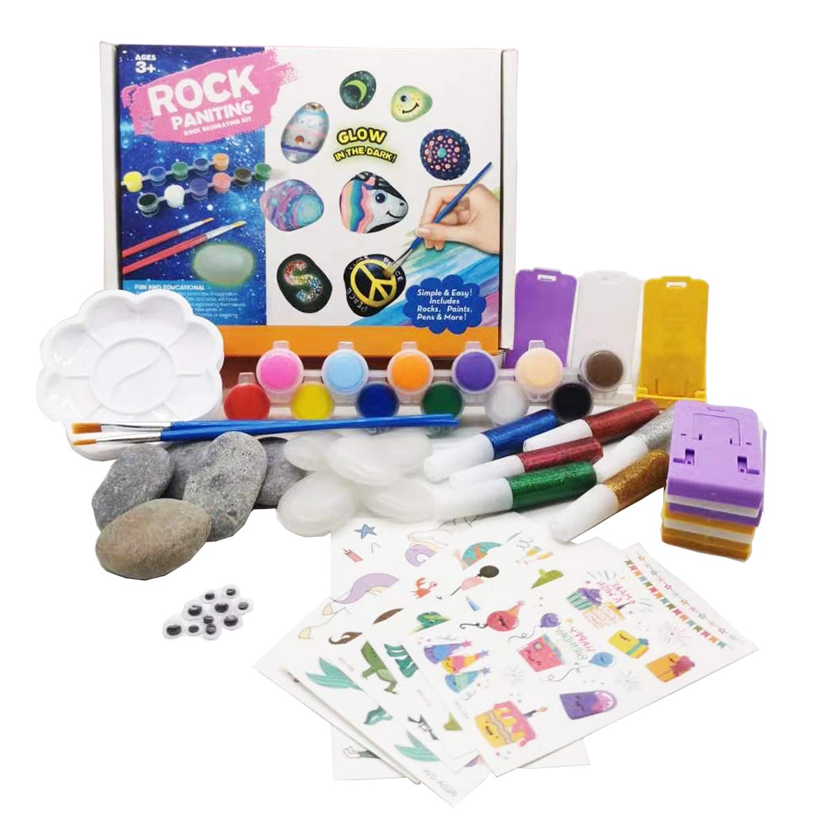 Grebesty Kit de pintura de roca para niños y adultos, rocas que brillan en la oscuridad, suministros de pintura de roca hechos a mano, kits de manualidades creativos perfectos para niños y niñas