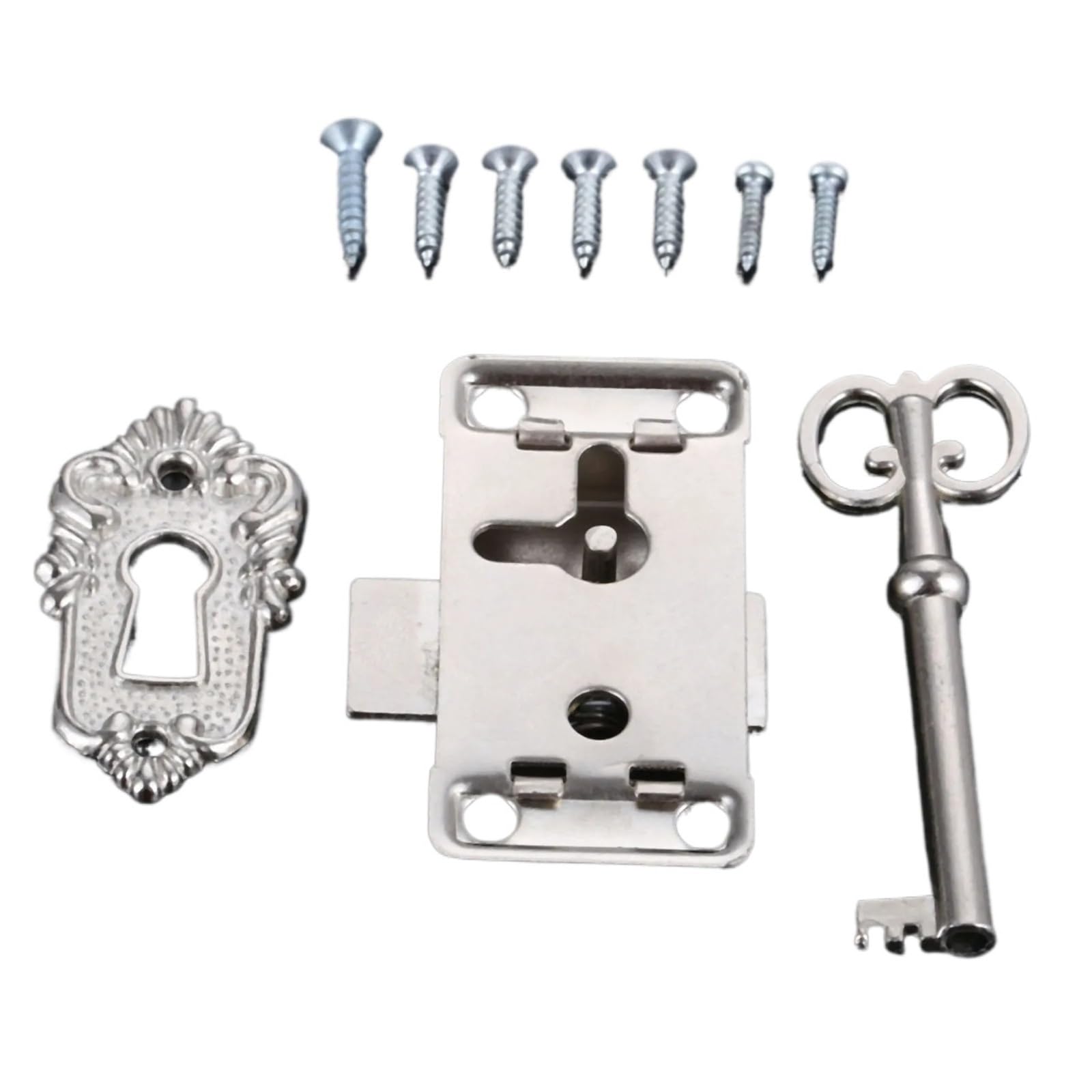 Antique Furniture Lock 8set Drawer Iron Lock+Key Jewelry Box Cabinet Wardrobe Door Padlock Latch Vintage Decoration Silver/Antique Bronze w/Screws(Silver)