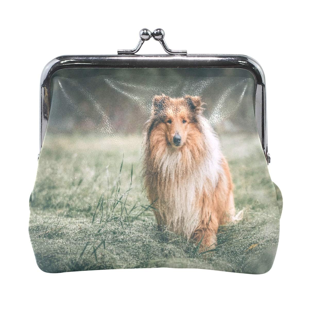 AJINGA Rough Collie Coin Purse Pumpkin Leather Coin Wallet Snap Closure Clutch Bag