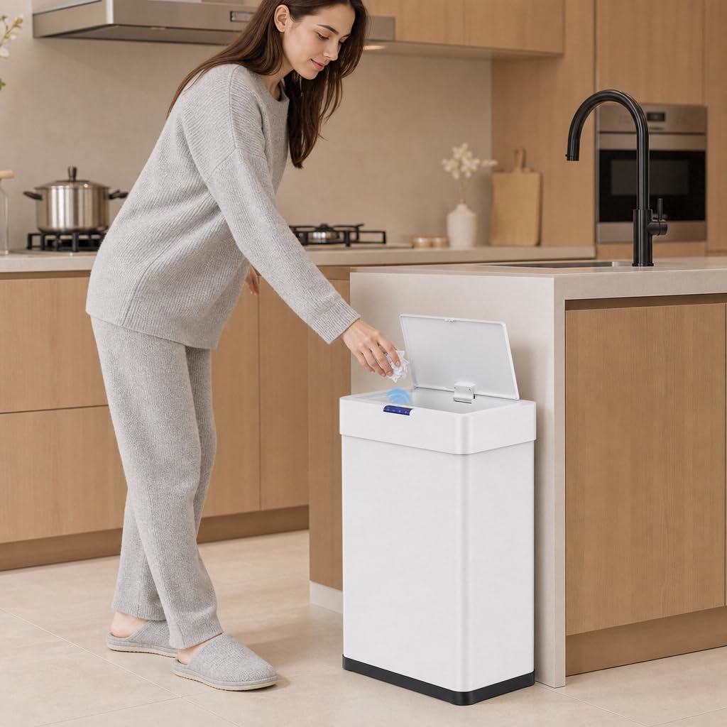 LIFERUN Papelera con sensor, papelera para cocina 60 litros, tapa eléctrica con anillo de sujeción para bolsas de basura, papelera automática sin contacto de acero inoxidable, blanco