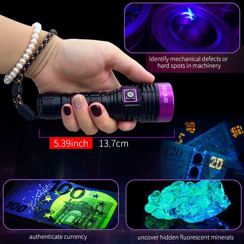 Blacklight UV Flashlight, Tri-Core 365nm Woods lamp, High Power Rechargeable Black Light with Filter - Detector for Pet Urine & Leak, Searching Rocks/Scorpion, Resin Curing, Yooperlite