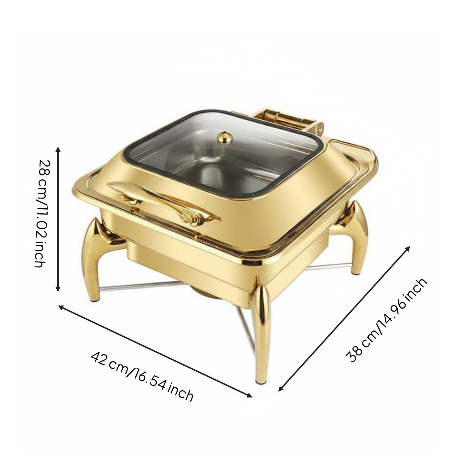 Calentador de Buffet Chafing Dish Recipiente Servidor Acero Inoxidable Dorado 9L la Comida Caliente Patas Uso Continuo Adecuado para Hoteles Bufés, Cuadrado De 6L con Soporte