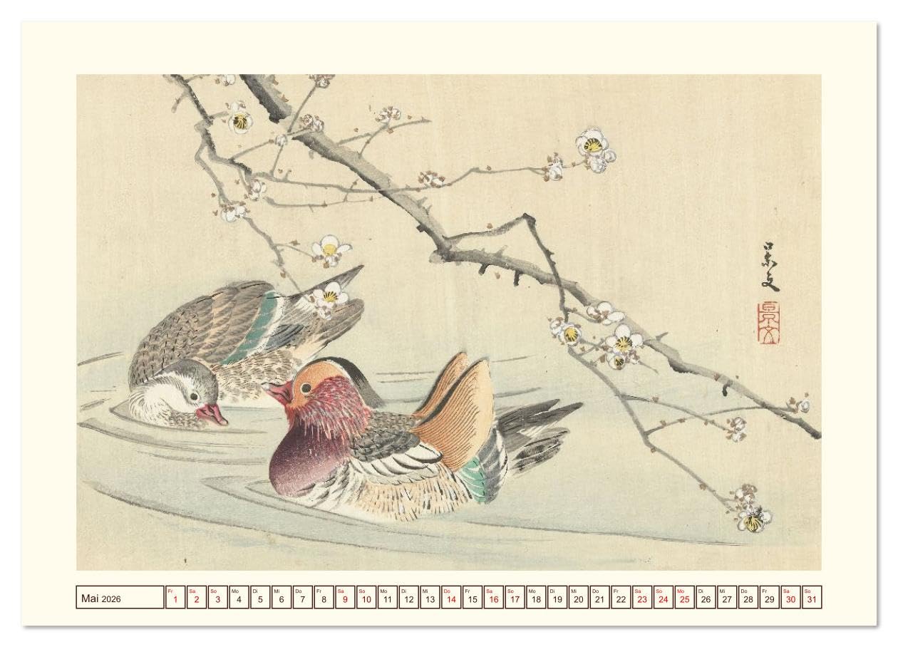 Blüte und Feder (hochwertiger Premium Wandkalender 2026 DIN A2 quer), Kunstdruck in Hochglanz: Japanische Naturkunst in zarten Farben. (CALVENDO Kunst)
