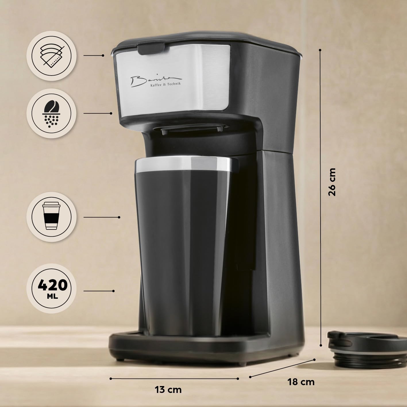 Barista Single ekspres do kawy na wynos, 450 W, kompaktowy ekspres przelewowy z kubkiem termicznym, mały, przenośny ekspres do kawy na wynos, w zestawie kubek termiczny i nylonowy filtr permanentny