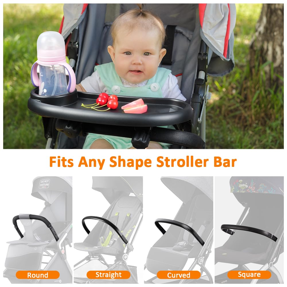 OSDUE Bandeja Universal para Cochecito,3 en 1 Bandeja para Aperitivos para Cochecitos con 2 Ganchos, Giratorio 360 Grados Accesorios Carro Bebe con Soporte para Bebidas Cochecitos con Reposabrazos.