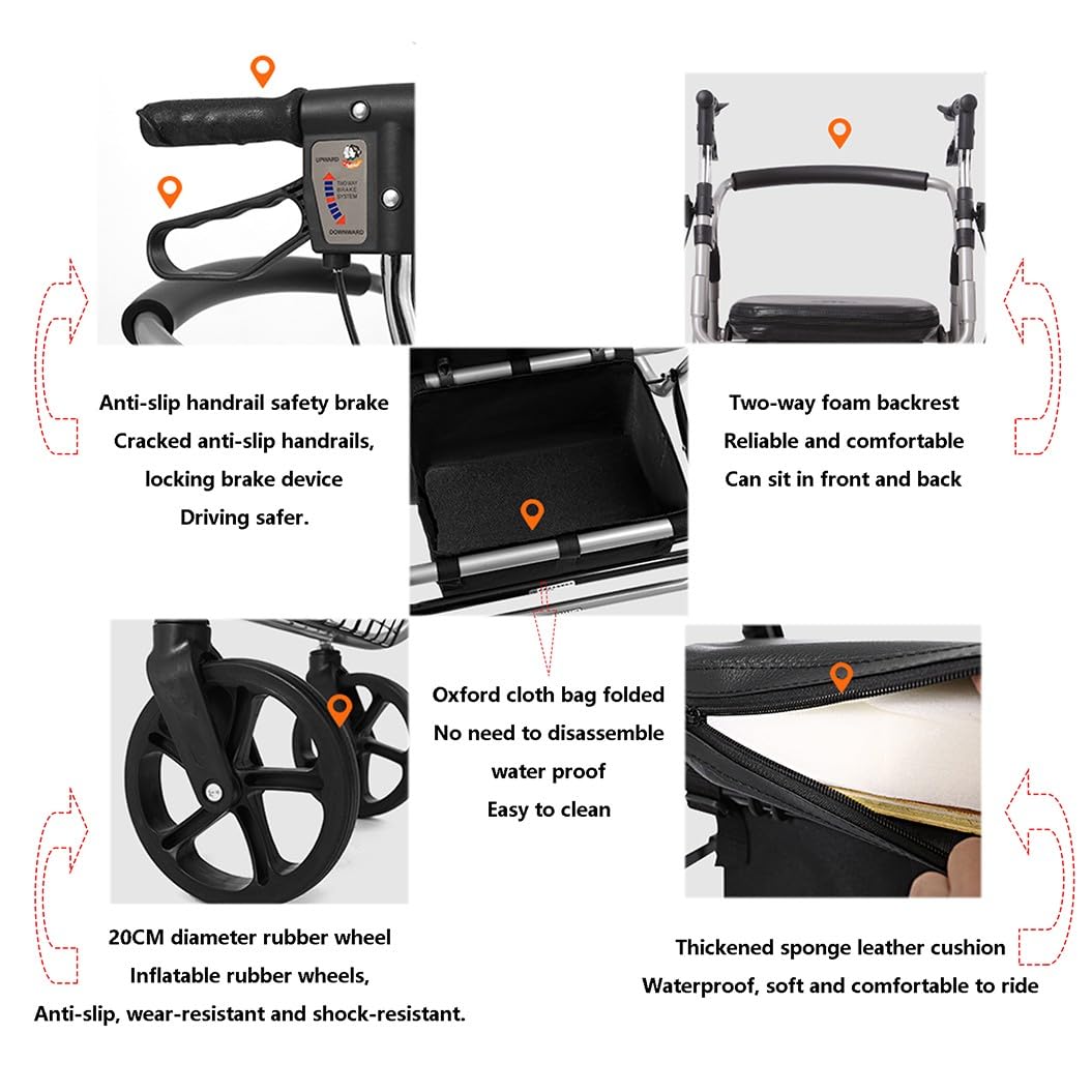 Andadores para Personas Mayores con 4 Ruedas,andador para exteriores,Andador para adultos,Caminador Andador Aluminio con Ruedas,altura ajustable black