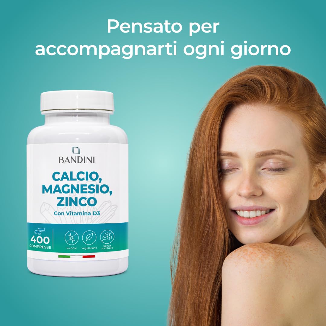 Bandini® Calcio Magnesio Zinco Vitamina D3 + K2 MK7 | 400 Compresse Vegetariane | con Rame, Selenio, Manganese, Boro | Multivitaminico ad Alto Assorbimento | Ossa Muscoli Pelle Capelli Immunità