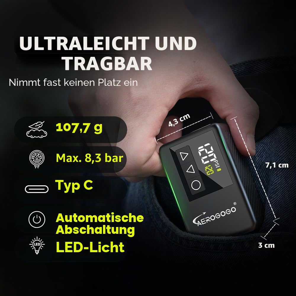 GIGA Pump Wiederaufladbare Mini-Fahrradpumpe, 120 PSI, Fahrradpumpe mit digitalem Manometer, tragbare Fahrrad-Luftpumpe, Reifenfüller, Mountain-, Presta- und Schrader-Ventile, voreingestellter Druck