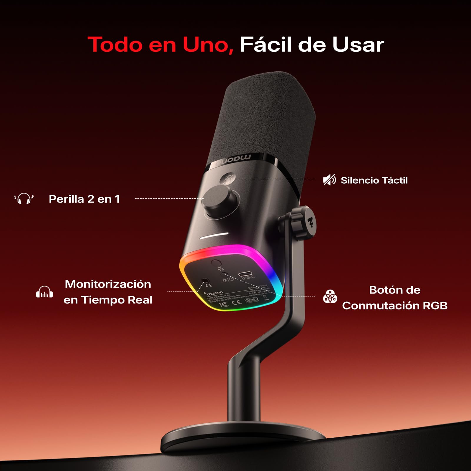 MAONO PD100WS Micrófono Gaming Inalámbrico para PC, Micrófono Dinámico USB con Brazo, 3 Niveles de Reducción de Ruido, RGB, Botón Mute & EQ por Software para Streaming, Podcast & Grabación, Negro