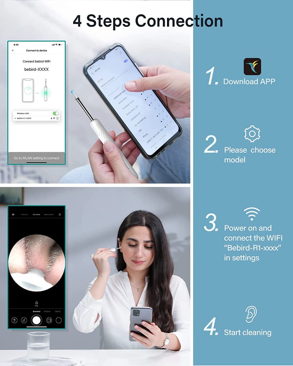 SELET Herramienta de Cera de oído con otoscopio 1080P, de oídos con 2 cucharas de Silicona, cámara de oído con 6 Luces LED para Limpieza de oídos, Compatible con iOS, Andriod, Negro/Blanco-Black