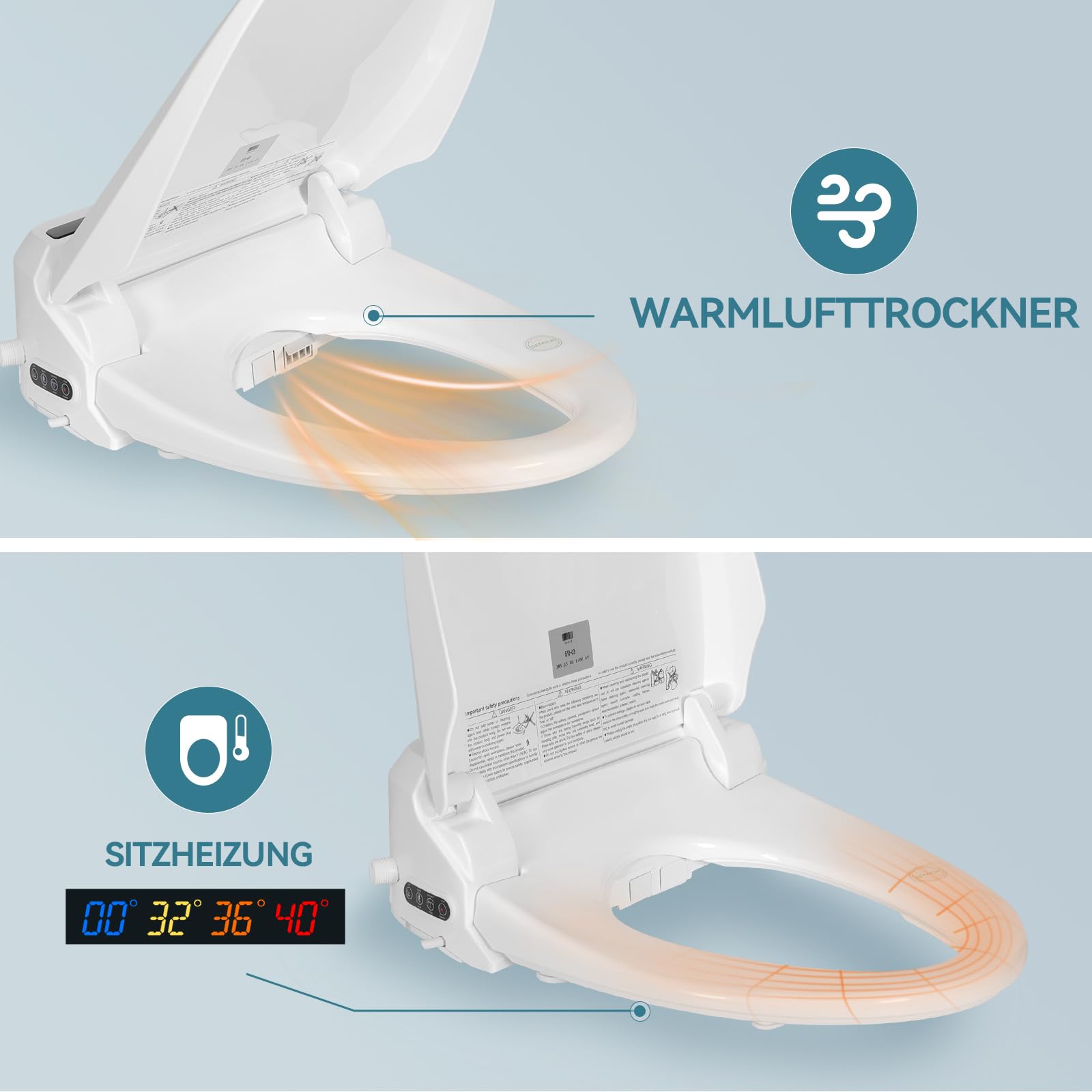 YOURLITE Smart Toilettensitz WC Bidet mit Düse,Absenkautomatik | Intelligenter Toilettendeckel,Japanische Toilette,WC Bidet,Fernbedienung,Einstellbarer Wasserdruck,Trockner,Nachtlicht