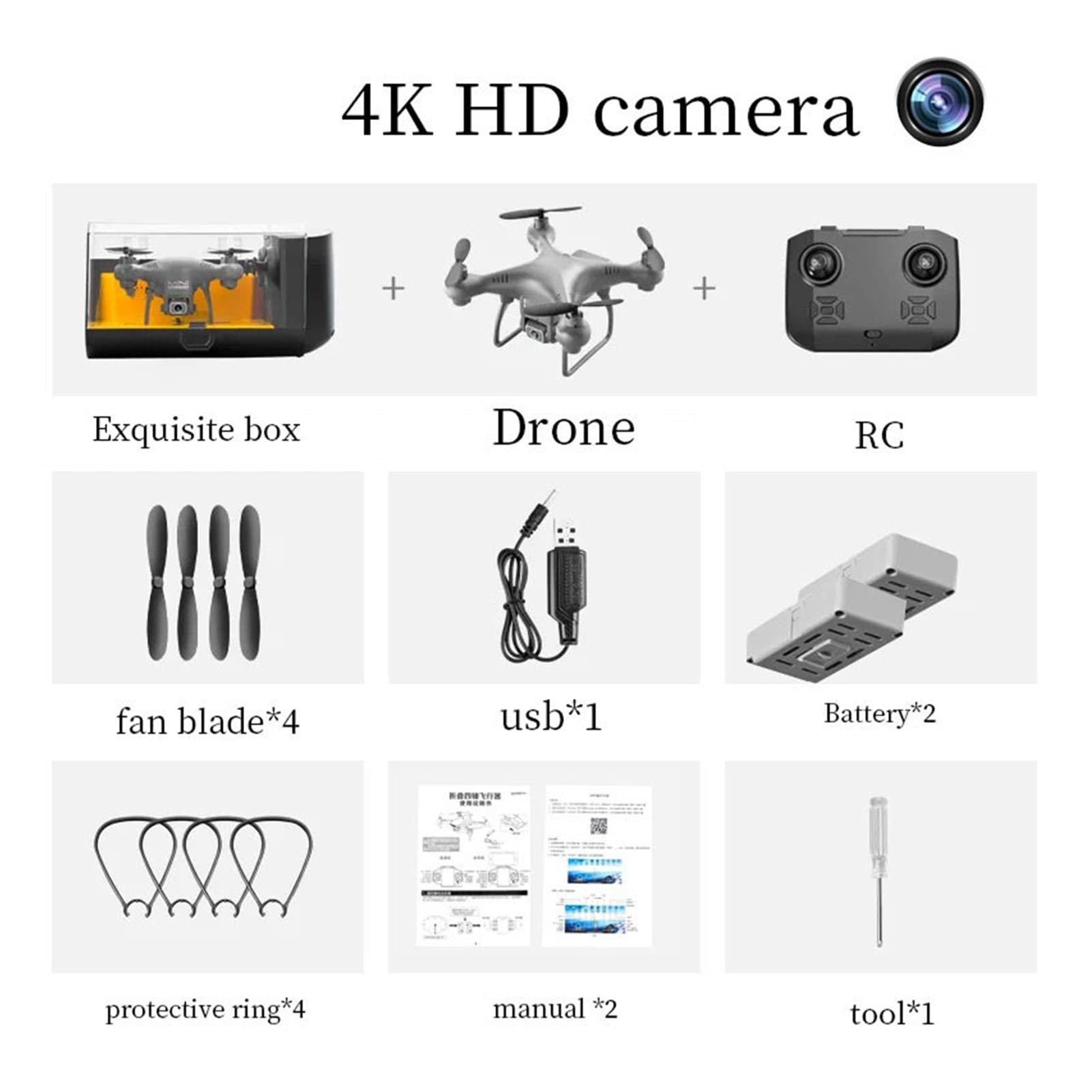Drone Mini Rc Drone HD 4K Fotografia lotnicza Helikopter Profesjonalny szerokokątny Ciśnienie powietrza Stała wysokość Quadcopter Drone Toy (Kolor : Brak kamery Rozmiar: 1) (Kamera 4K 2B szary 1)
