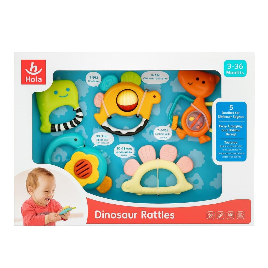 Hola - Pack Sonajeros Mordedores Bebe - 5 Unidades - Juguete Sensorial con Actividades y Texturas bebe - Juego estimulación temprana - Diseño Dinosaurio - Regalo para bebes a partir de 3 meses