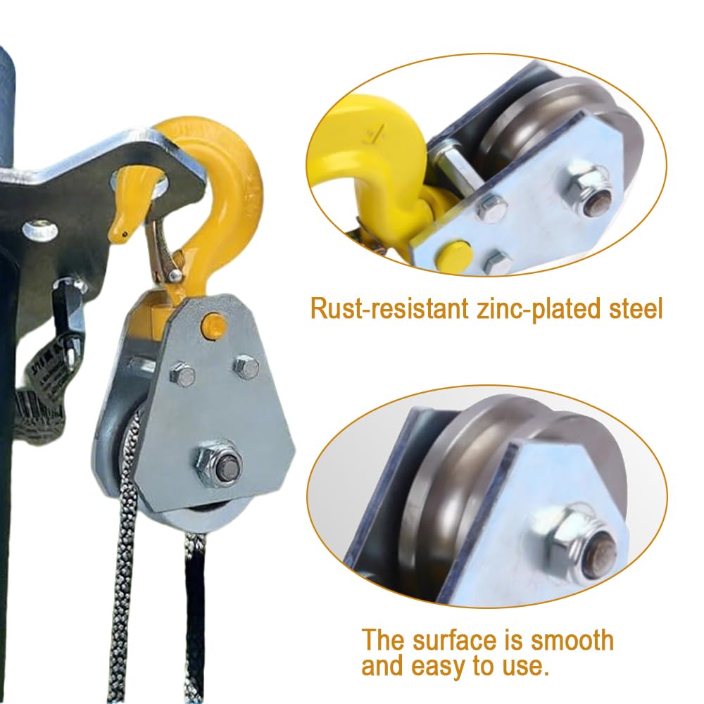 Puleggia a 1 tono con cuscinetti a sfera e ganci, puleggia per funi fino a 15 mm, fune in acciaio, puleggia per funi in acciaio, sistemi forestali accessori industriali