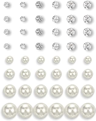 24 Pairs Pearl Studs Earrings for Women, Faux Simulated Pearl Earrings 4 Mixed Sizes Round Ball Pearls Stud Earring Set