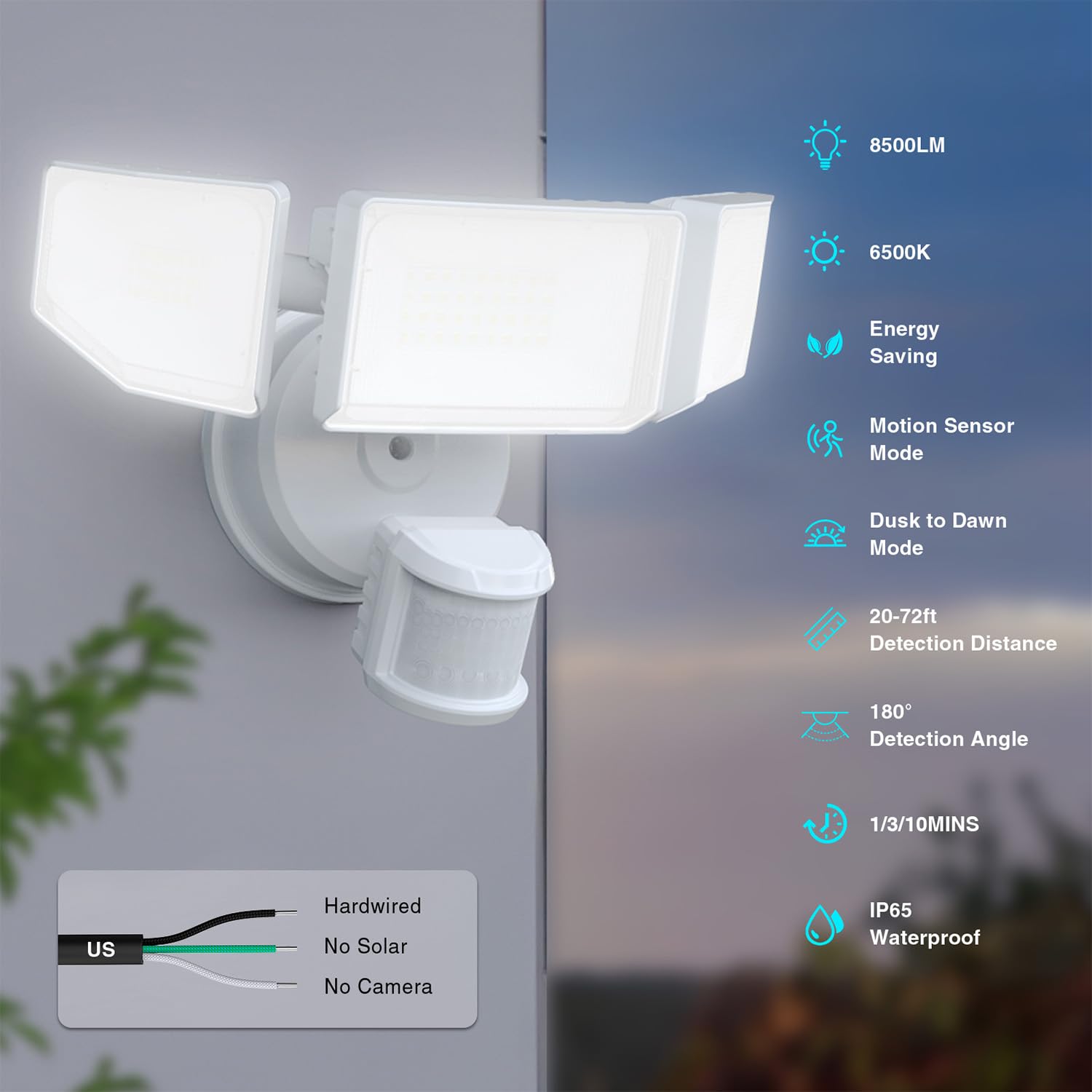 Abovizo - 85 W LED-Sicherheitsleuchten, Bewegungsmelder, 8500 lm, wasserdicht, IP65, Flutlicht, 6500 K, 3 Köpfe, Bewegungserkennung, Flutlicht