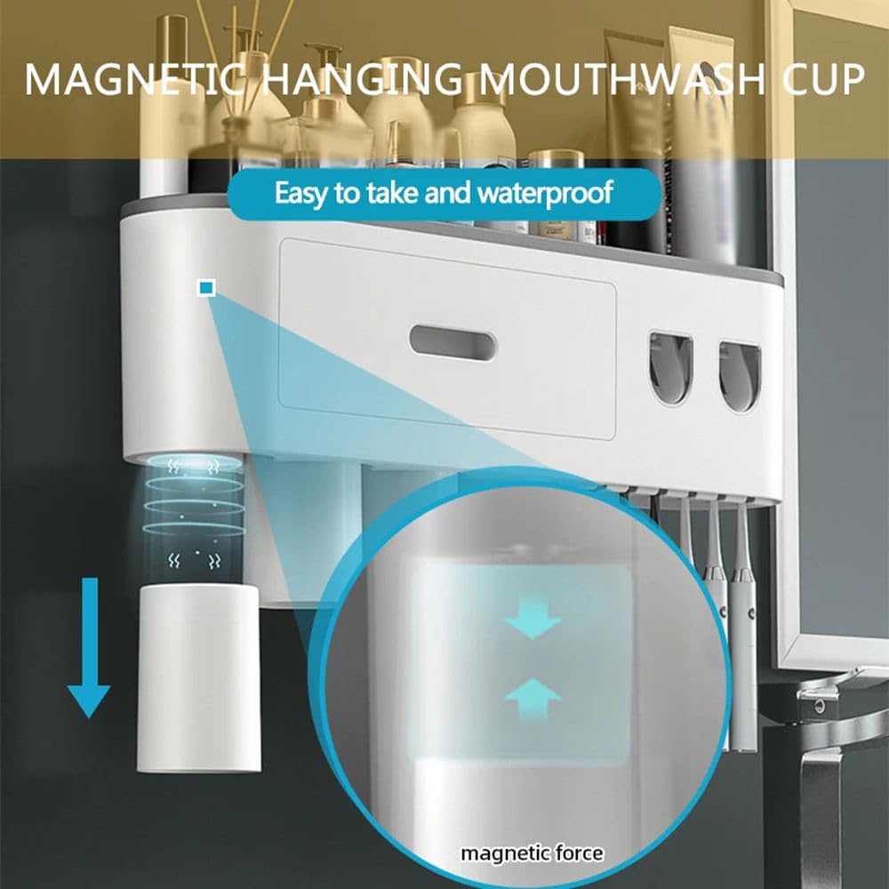 Soporte para Cepillo De Dientes De BañO con Dispensador AutomáTico Doble De Pasta De Dientes, Soporte para Cepillo De Dientes Montado En La Pared para 2/3/4/5 Tazas, 6 Ranuras para Cepillos,3cups