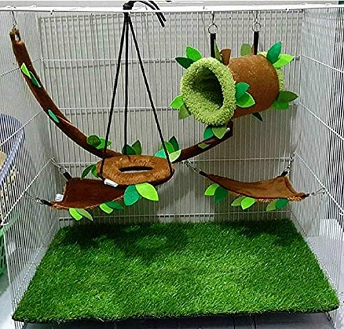 5 pieces/Set Cage Nest Set for Sugar Glider, Hamster, Squirrel, Marmoset, Chinchillas, Small Exotic Pet Tunnel Forest Pattern Light Brown Color