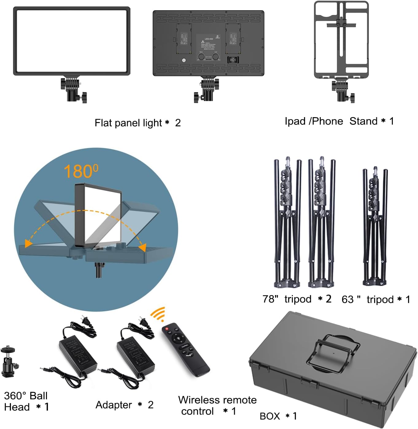 2 Packs Dimmable Bi-Color 432 LED Video Light and Stand Lighting Kit,50W,Add More Remote Controllers, 360 ° Ball Heads, Phone ans Tablet Holders (Black, 13-3)
