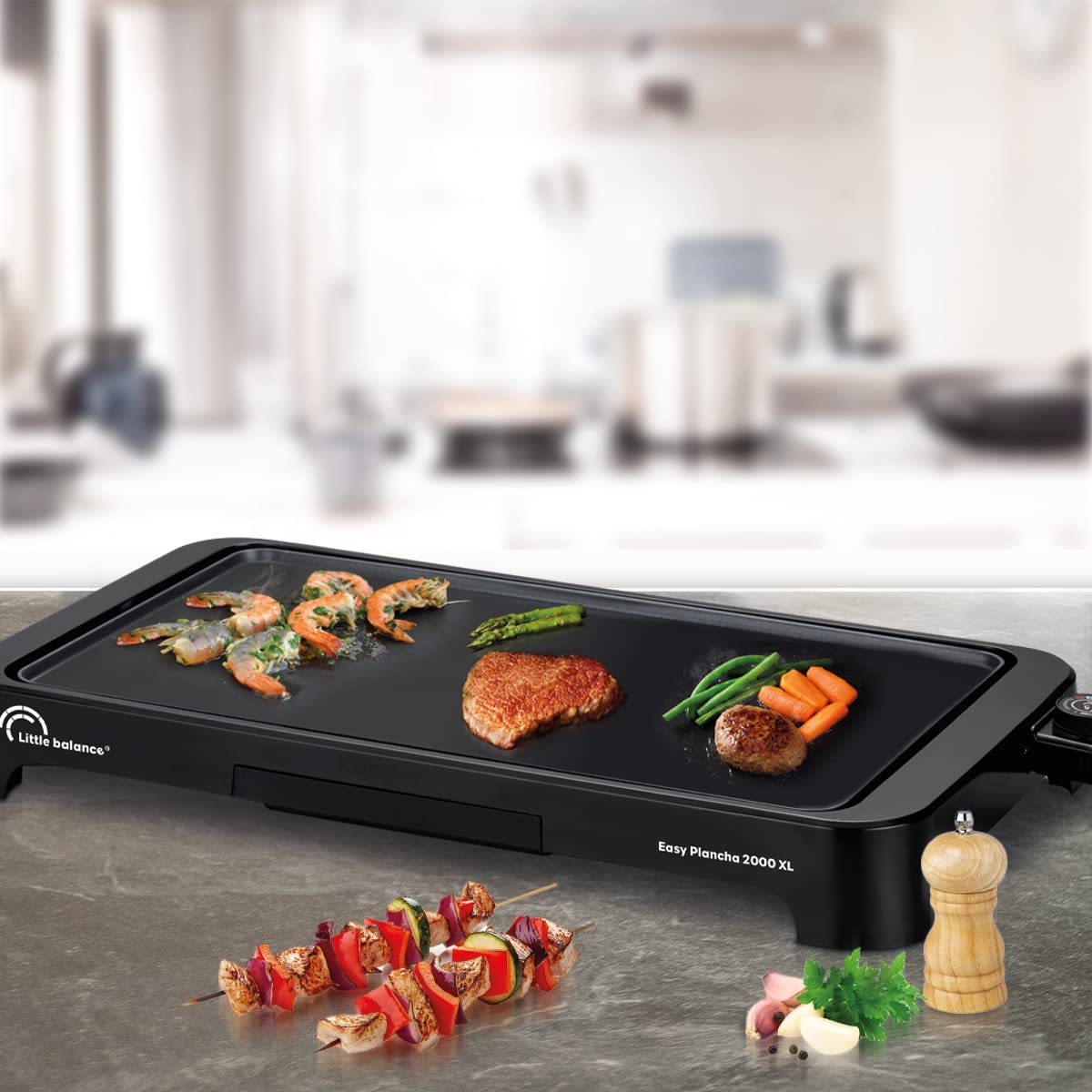 LITTLE BALANCE 8552 Easy Plancha 2000 XL, Piastra elettrica 6-8 persone, Superficie di cottura XXL, Qualsiasi tipo di cibo, 2000 W, Nero