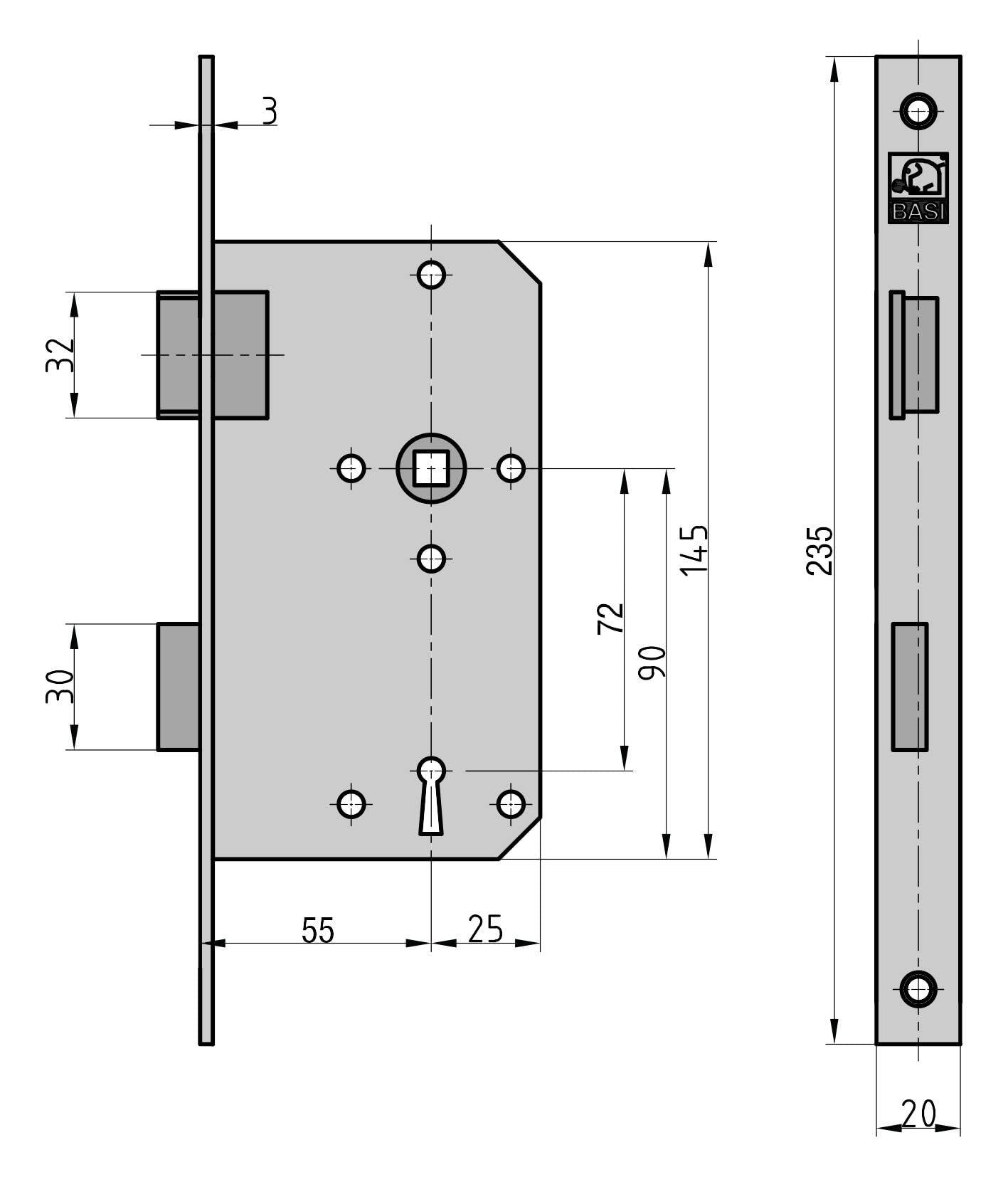 BASI | 6er SET Einsteckschloss für Zimmertüren | mit Buntbartschloss | DIN Rechts | käntige Ausführung | Stulp 20x235 mm | Türschloss