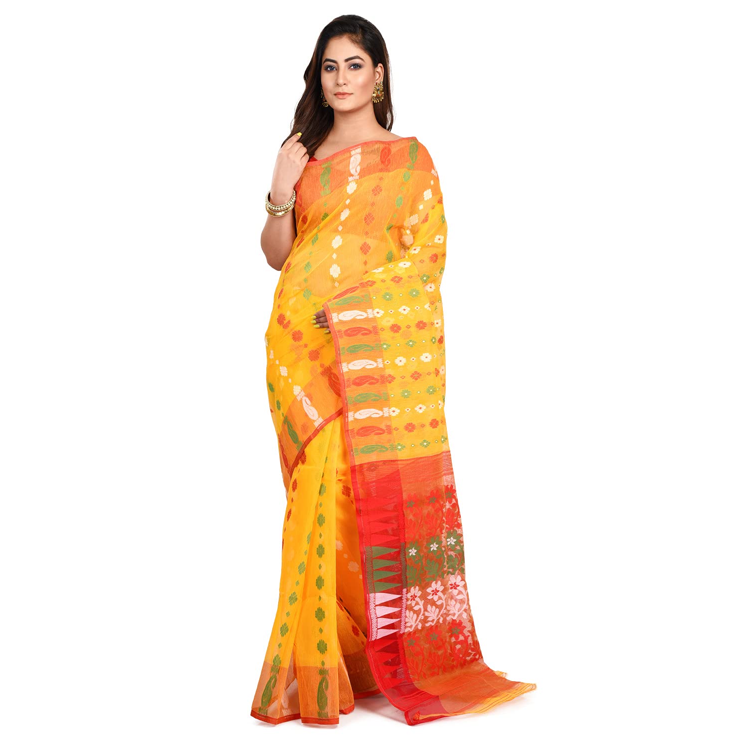 CHHANDA HANDLOOM SAREESChhanda Handloom Dhakai Jamdani Saree for Women Soft Silk without Blouse Piece for All Festivals, Occasions, Weddings, Bengali Sari, Printed Design Saari, Pack of 1 (Yellow/Red)
