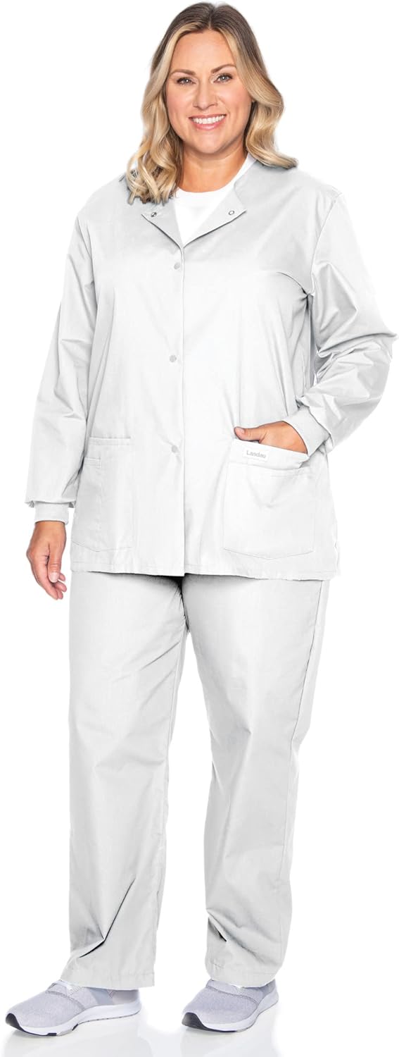 Landau Women's Premium Snap-Front 4-Pocket Crew Neck Warm-up Scrub Jacket: Clothing, Shoes & Jewelry