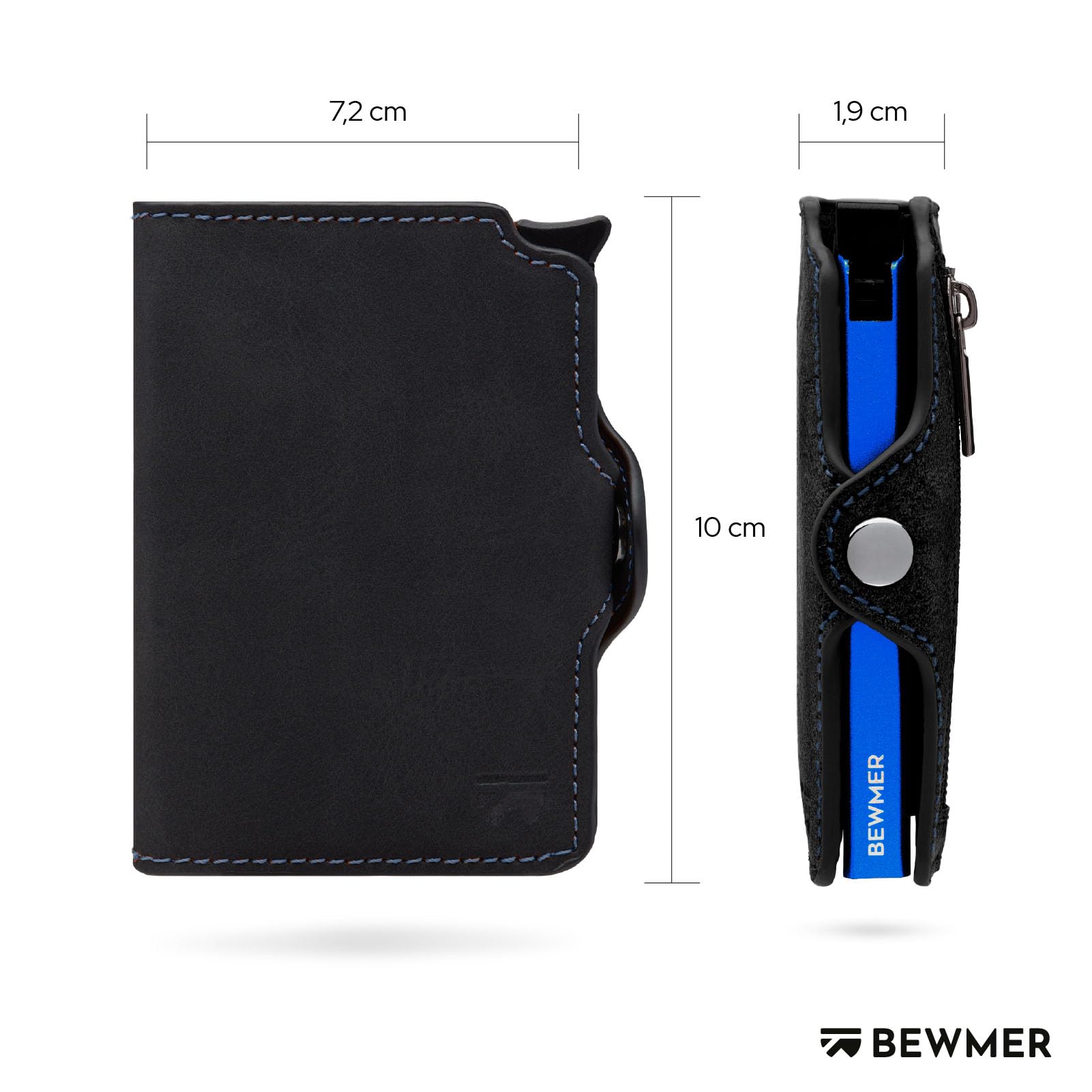 BEWMER Porta Carte di Credito 1 Schermato | Portafoglio Slim da Uomo e Donna | Porta Tessere e Documenti con Rfid Protection e Fermasoldi in Carbon Fiber (NeroElettricoBlu Con zip)
