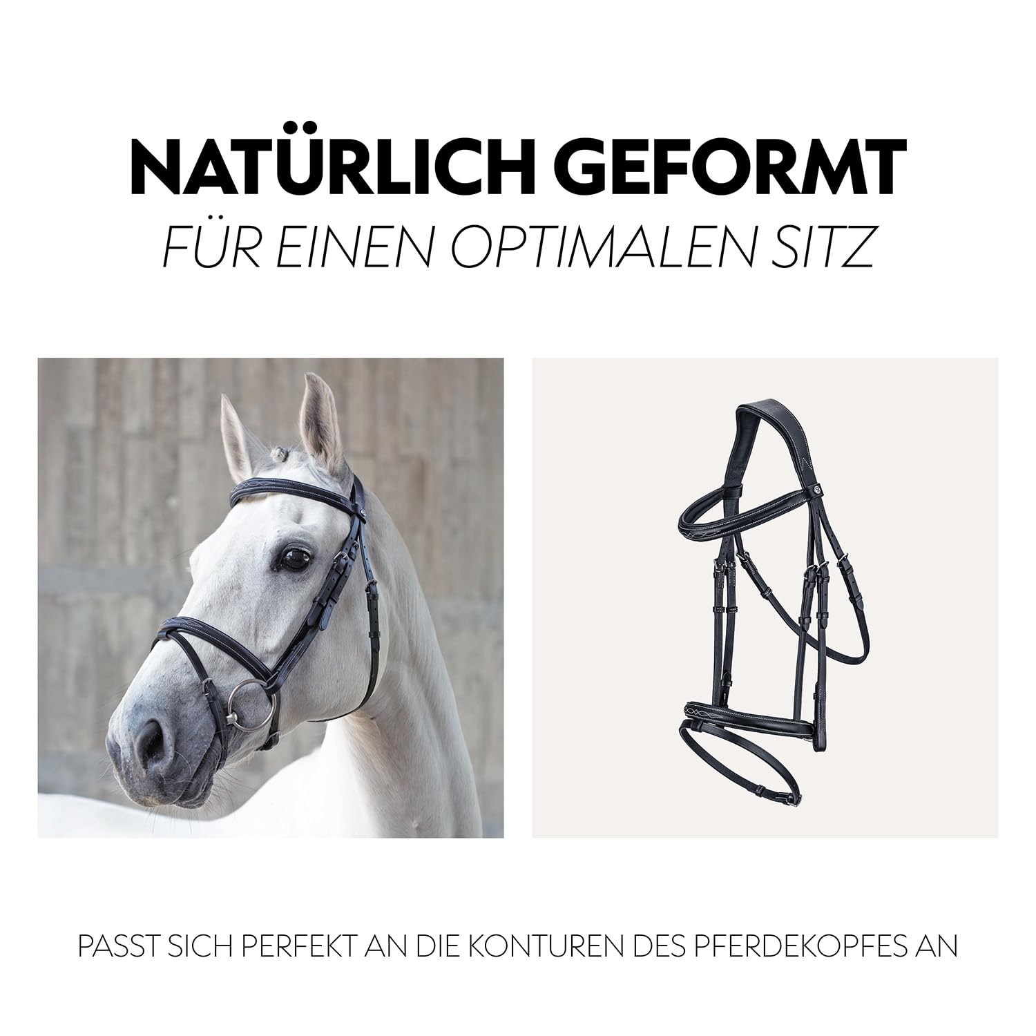 SUNRIDE Brida Inglesa combinada Caballo (London) – con riendas – Cuero Genuino Suave – Acolchado Extra – anatómica Ajustable – Artesanal – Costuras Decorativas – Acero Inoxidable (Full, Negro)