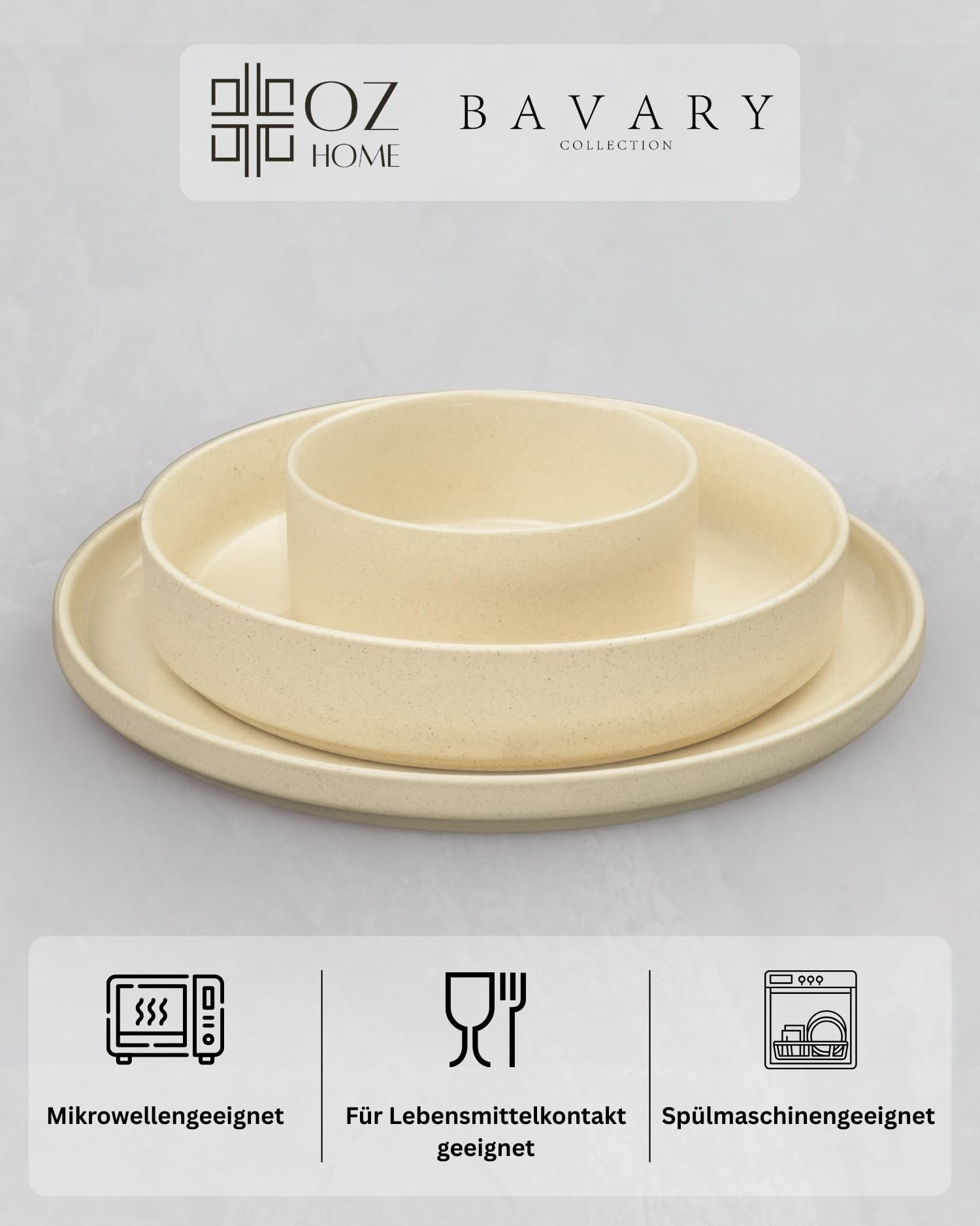 Steinzeug Geschirrset 25-teilig für 6 Personen – BAVARY – Beige Tafelservice im Granit-Look matt & glänzend mit Tellern & Schalen – spülmaschinenfest & mikrowellengeeignet