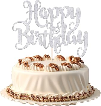 Happy Birthday Cake Topper- Glitter Happy Birthday Cake Decor, Handmade Anniversary/Birthday Party Supplies Silver