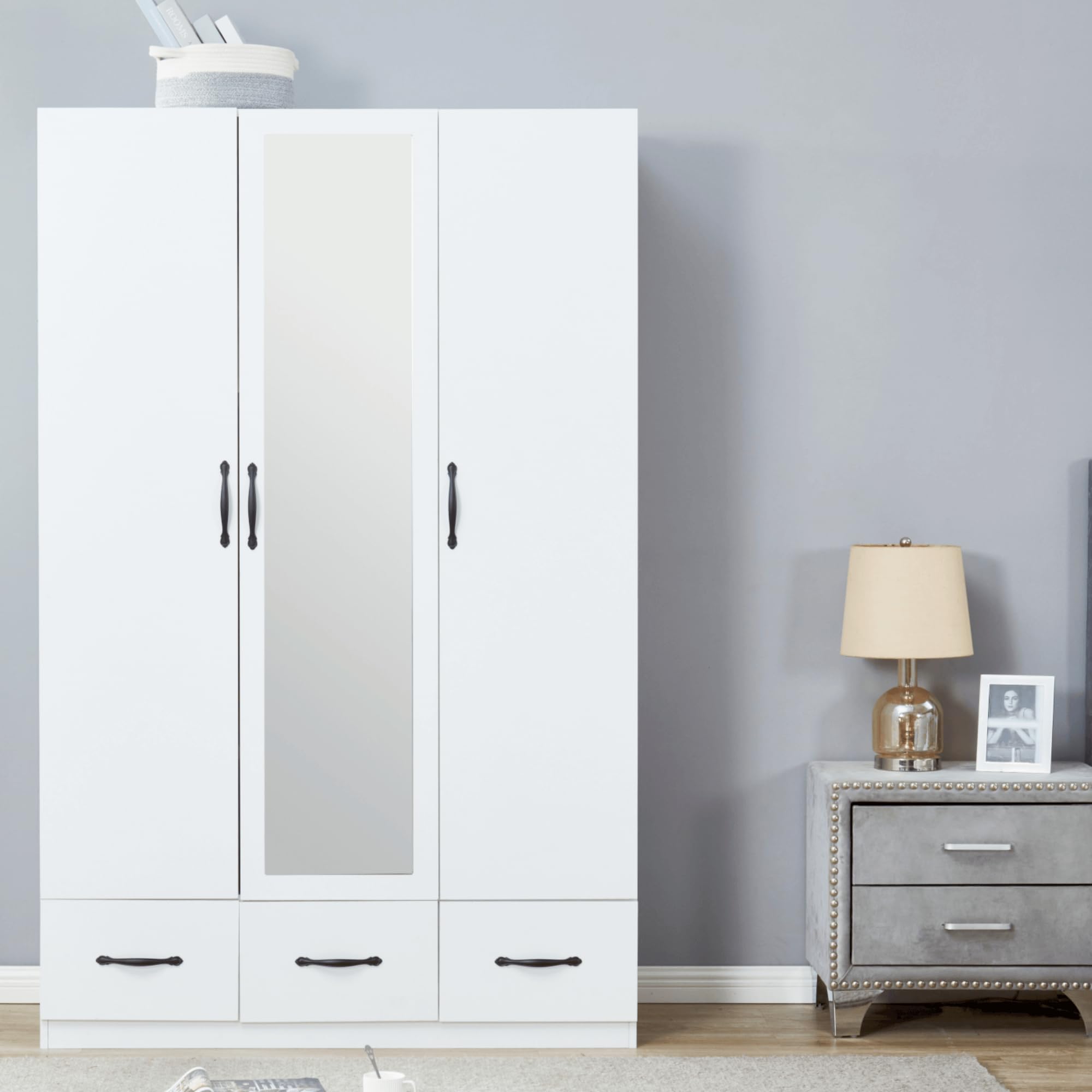 74.2" H Mirror 3 Doors Closet Wardrobe 3 Drawers White Wood Wardrobe Closet Armoire Freestanding Bedroom Closet Cabinet Armoire with Hanging Rod Wooden Clothes Storage Organizer. ONLY box 2 of 3 