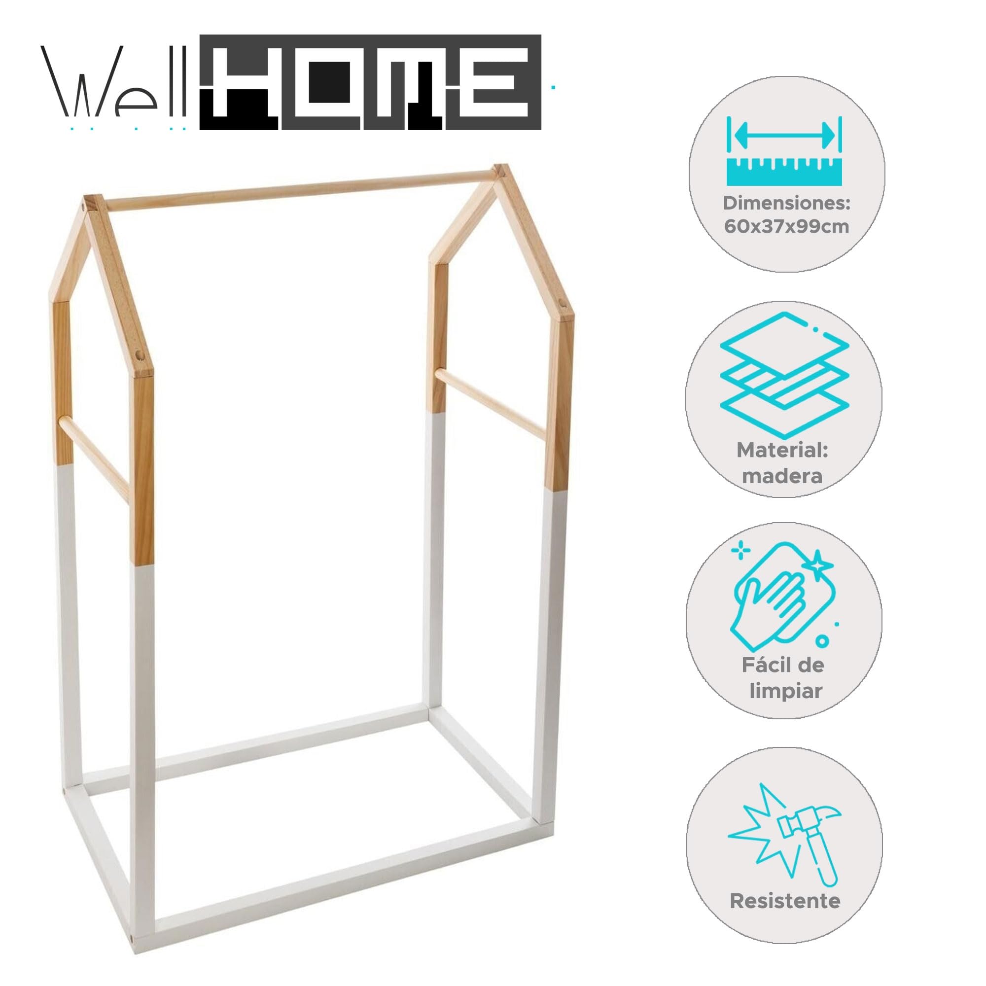 Perchero Infantil estilo casita, Madera, natural, L.60 x P.37 x H.99 cm