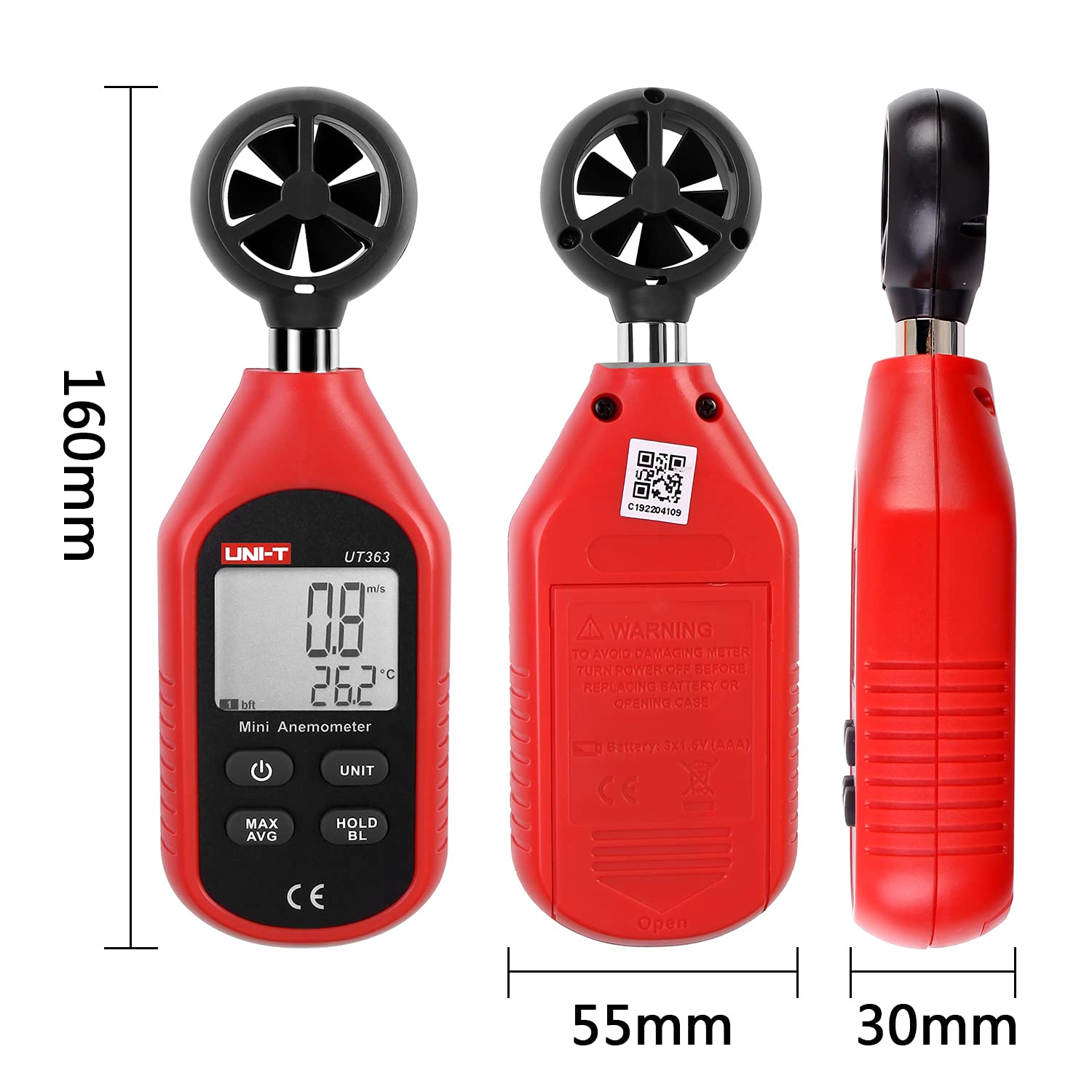 UNI-T UT363 Anemómetro Digital Portátil Pantalla LCD Medidor Velocidad Viento Aire