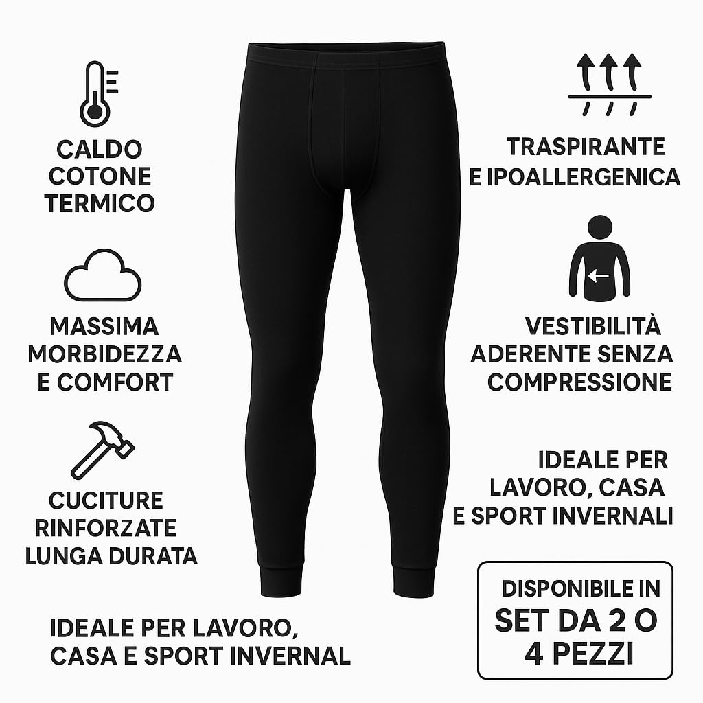 SET 2-4 Calzamaglia Termica Uomo in Caldo Cotone, Made in Italy – Pantalone Intimo Invernale Lungo, Traspirante e Ipoallergenico – Adatto allo Sport come Sci e Snowbord – Tutte le taglie da S a 3XL