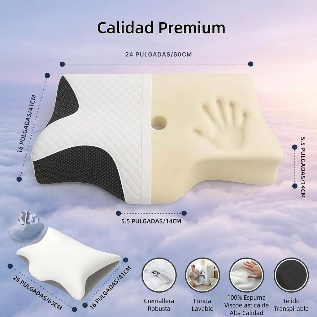 OrthoSleep -Almohada Cervical Ergonómica con Memoria de Forma, Soporte para Cuello y Hombros, Funda Lavable para Dormir (Blanco)