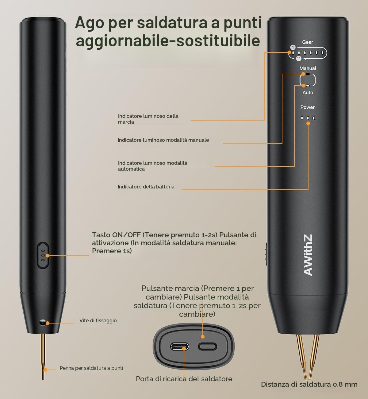 Saldatrice a Punti per Batterie,AWithZ Saldatrice a Punti H1,con aghi di ricambio,11 ingranaggi regolabili, modalità automatica e manuale per batteria 18650, saldatura di fogli di nichel-platino