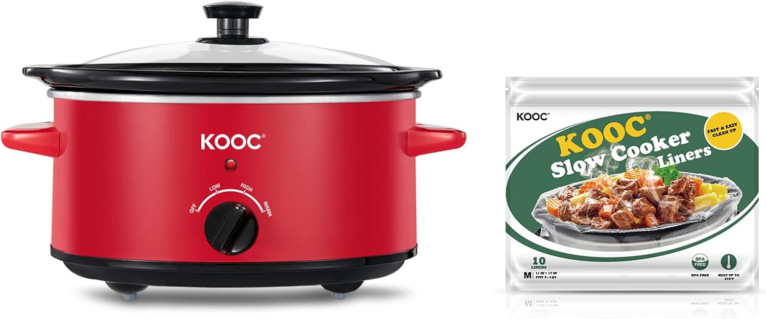 KOOC 4-Quart Slow Cooker, Free Liners Included for Easy Clean-up, 3 Temperature Settings, RED + KOOC Disposable Slow Cooker Liners and Cooking Bags 11×17 inch 10 Count Fit 3QT to 4QT