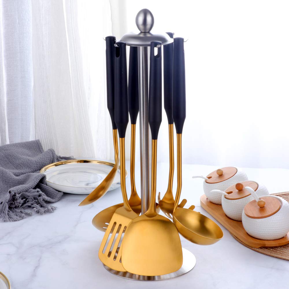 Buyer Star Ustensiles de Cuisine 6 pièces Acier Inoxydable Écumoire Louche Spatule de Cuisine Tourneur à Fente Riz Pasta Server avec Support