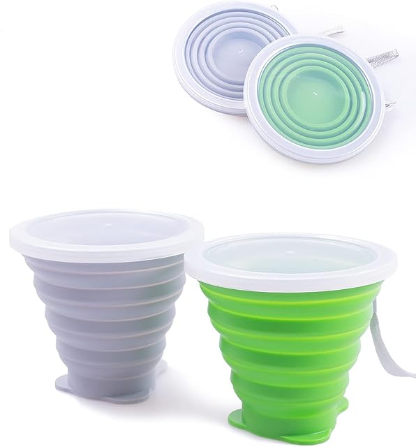 Foldable Cup,Collapsible Silicone Cups with Plastic Sealing Lid Reusable Portable Cup Set for Picnic, Camping, Outdoor Hiking Travel (2 Packs, Grey+Green)